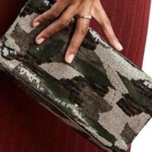 Stella & Dot Margeaux Sequin Abstract Green Tan Camouflage Clutch Purse NWT